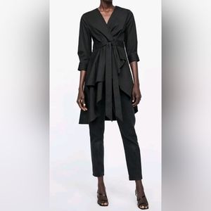 NWT ZARA BLACK ASYMMETRIC POPLIN TUNIC WITH BOW XS